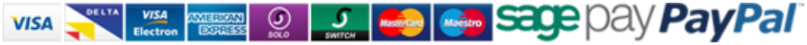 Visa, Visa Delta, Visa Electron, American Express, Solo, Switch, Mastercard, Maestro, SagePay and PayPal accepted